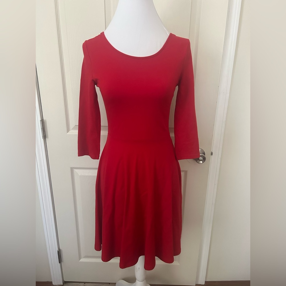 H&M Red Fit and Flare Dress with Bell Sleeves